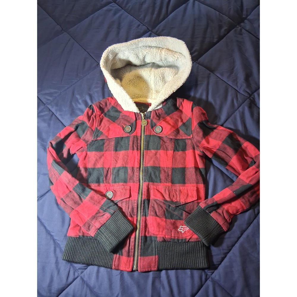 Fox‎ Racing Girls Red Black Buffalo Plaid Sherpa Lined Full Zip Hoodie Jacket XS
